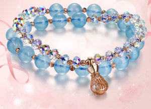 Jewelry aquamarine bracelet with lucky beads, silver charm, natural crystal bracelet for men and women, perfect for your birthday gift. 8mm diameter