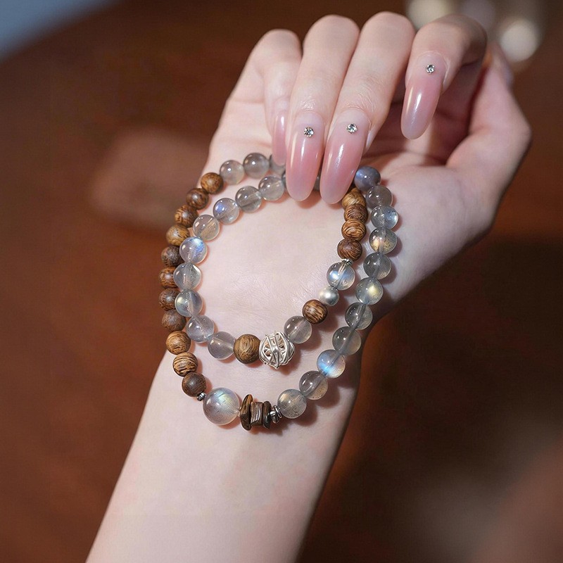 Natural Grey Moonstone & Sandalwood Dual-Layer Bracelet - Image 4