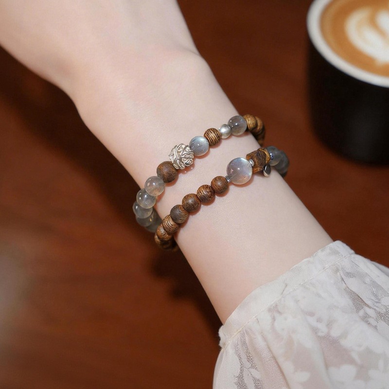Natural Grey Moonstone & Sandalwood Dual-Layer Bracelet - Image 3
