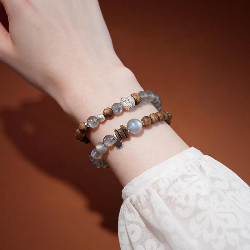 Natural Grey Moonstone & Sandalwood Dual-Layer Bracelet - Image 2