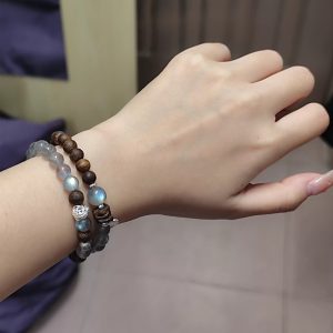 Natural Grey Moonstone & Sandalwood Dual-Layer Bracelet