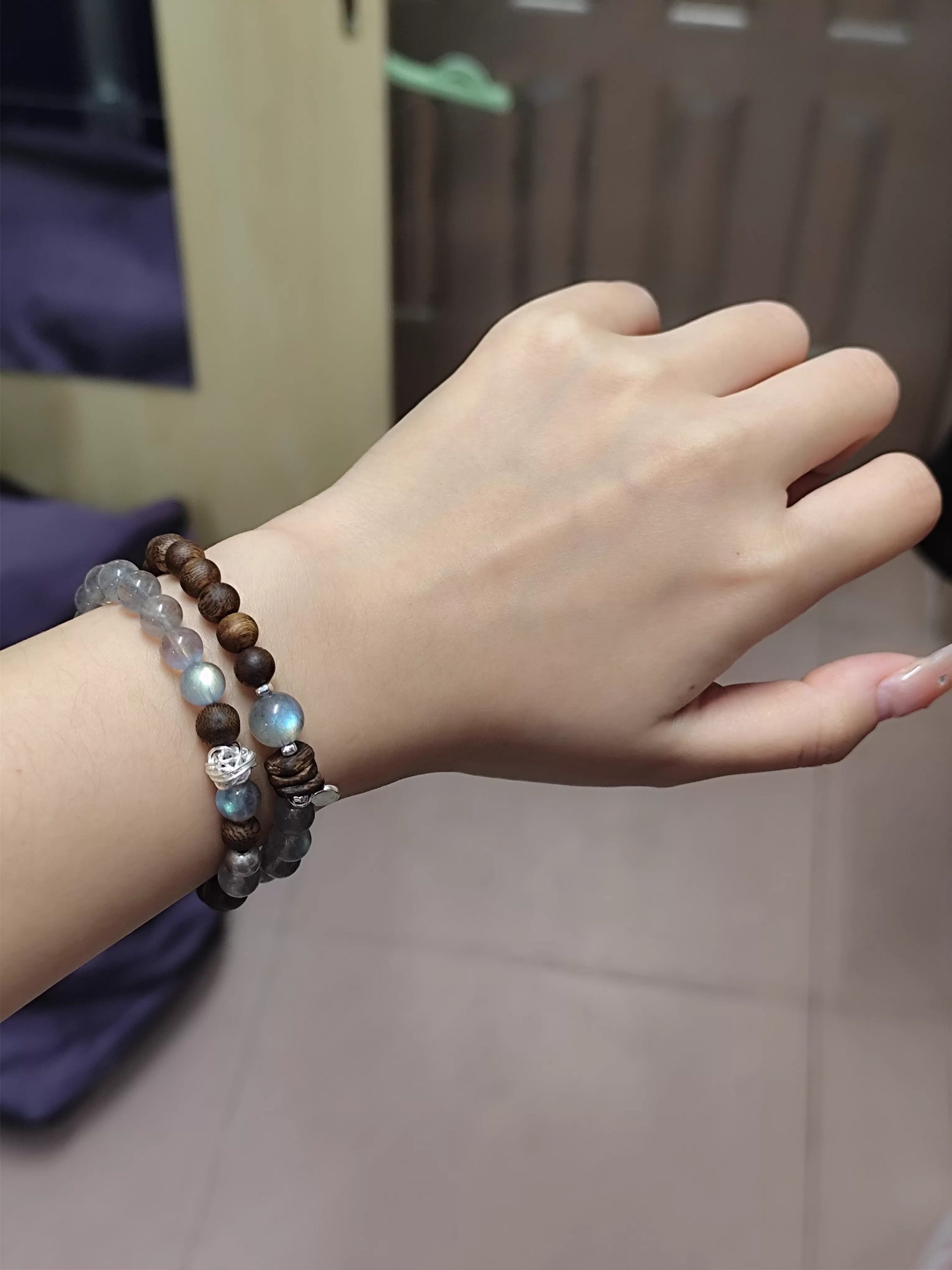 Natural Grey Moonstone & Sandalwood Dual-Layer Bracelet