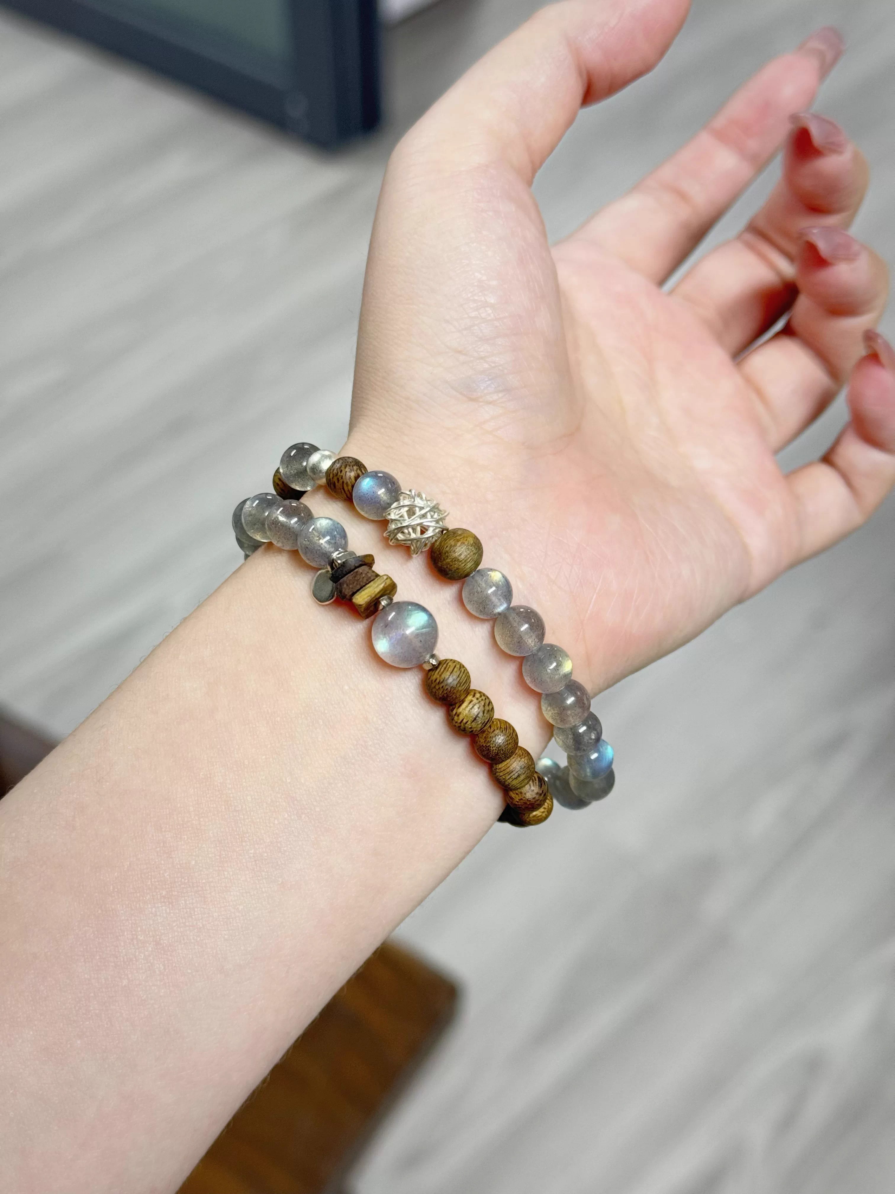 Natural Grey Moonstone & Sandalwood Dual-Layer Bracelet